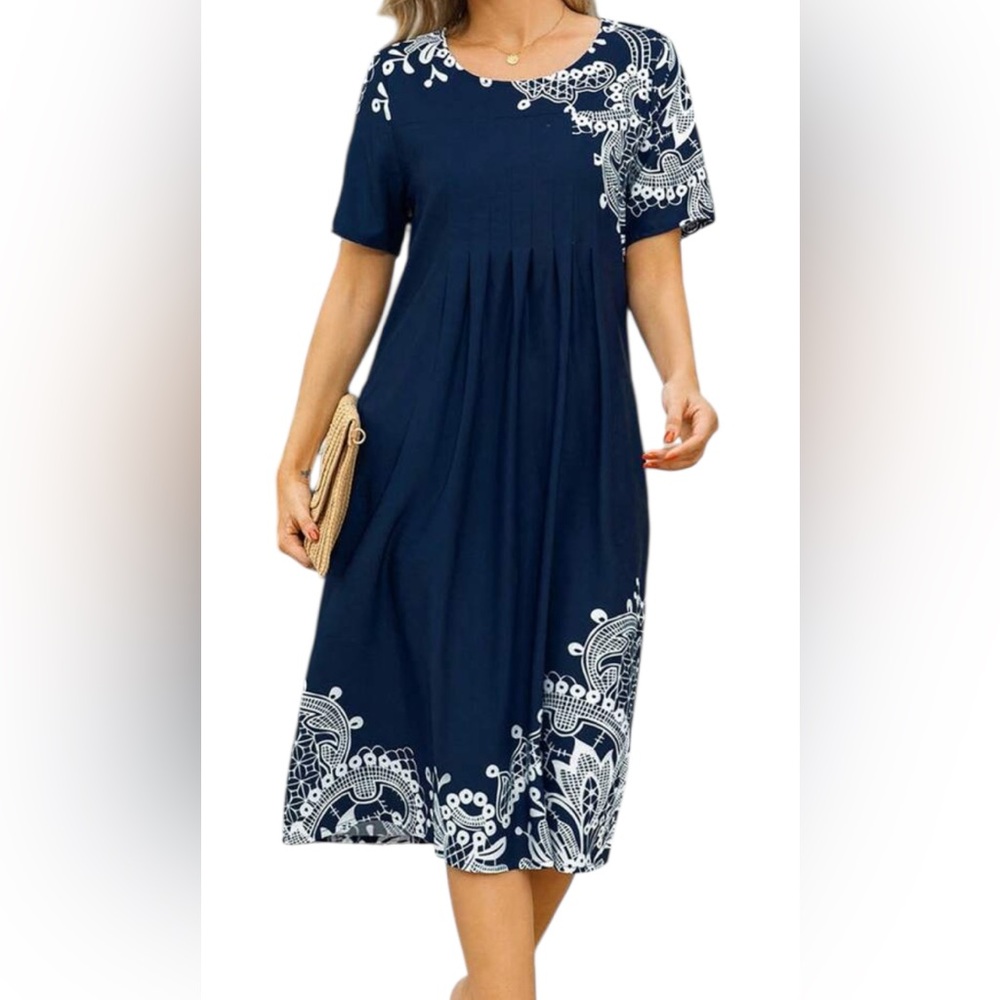 NWT Made with ❤️ Navy Blue Embroidered Boho Lightweight Pleated Midi Dress szXXL